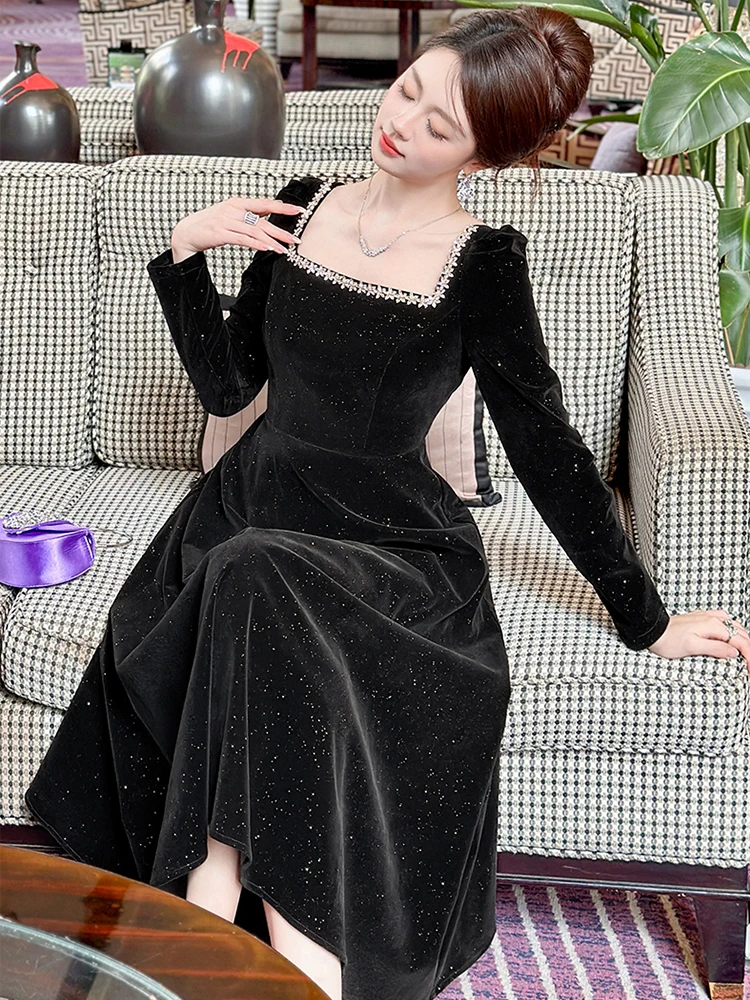 فستان سهرة رسمي حلو عتيق للنساء سيدة ريترو أسود لامع حجر الراين رداء طويل فام حفلة عيد ميلاد حفلة موسيقية Vestidos أنثى #6