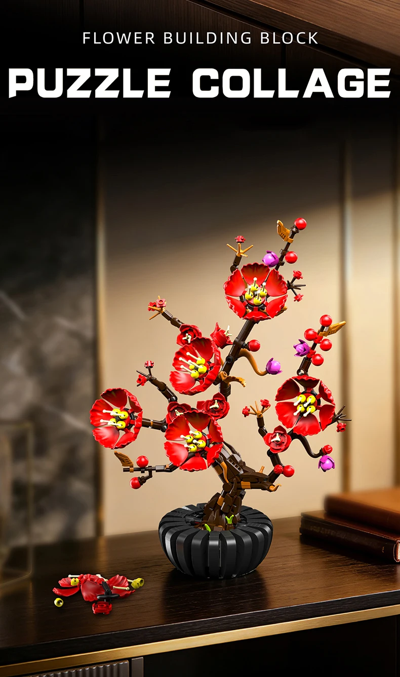 Kreativer Hibiskus-Pflaumenblüten-Blumenstrauß im Topf, Bausteine, Kranichblume, Heim-Pflanzendekoration, Zusammenbaubare Bausteine, Spielzeug, Geschenk für Erwachsene – Detail 1