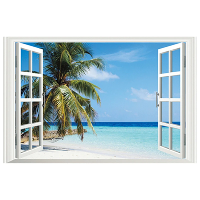 Sea View Mural Beach Palm Tree 3D Vinyl Wall Stickers for Home Decoration Living Room Window Art Endless Oceanic Water Wallpaper