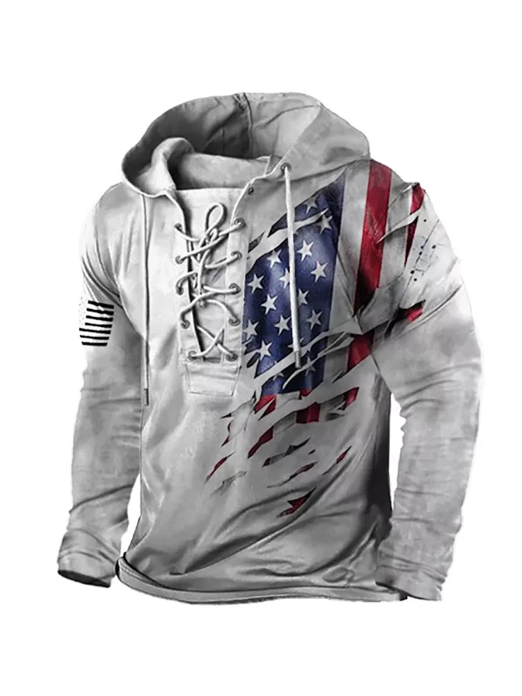 

Men's American Flag Print Hoodie Lace Up Front Distressed Print Long Sleeve Casual Pullover Autumn Winter Streetwear Sweatshirt