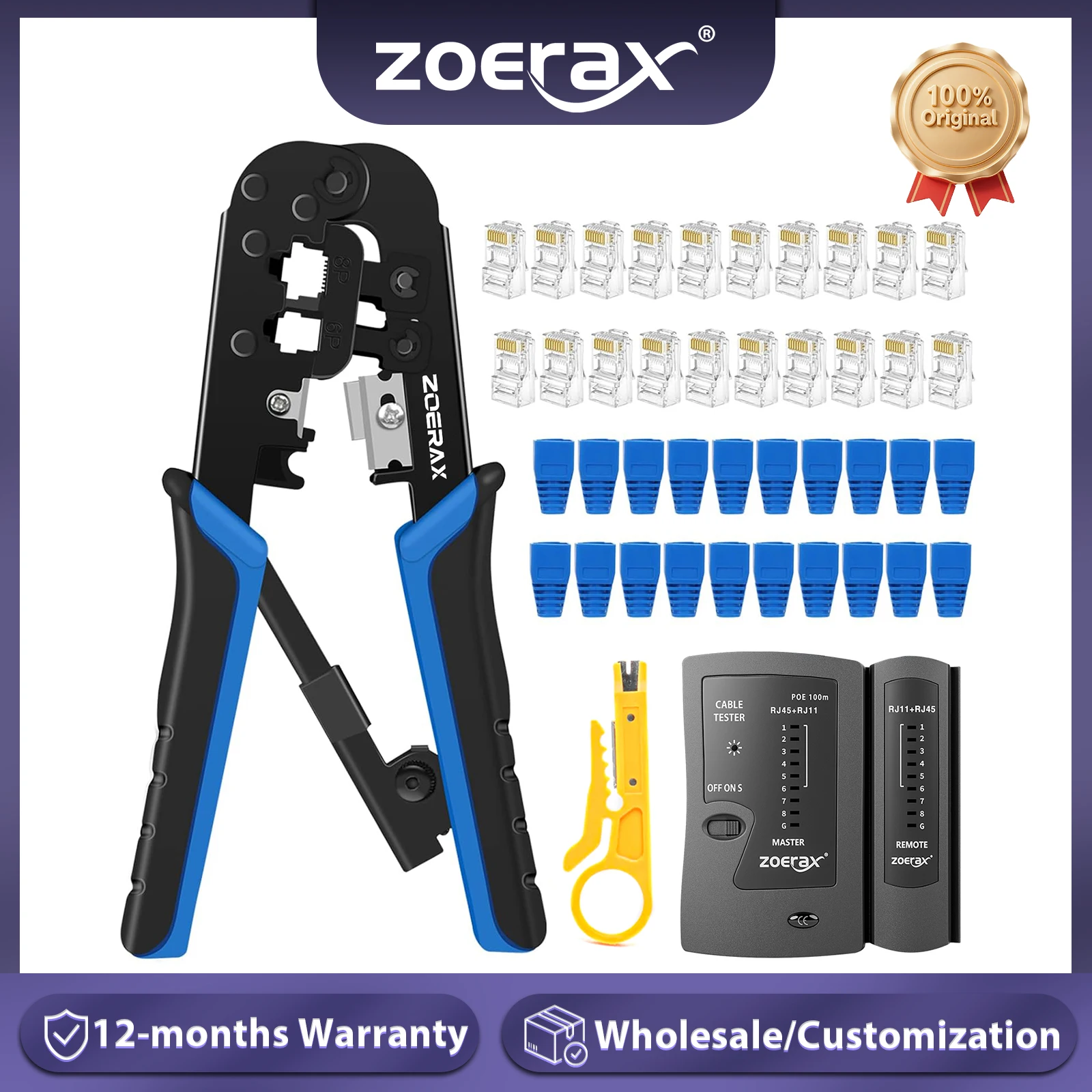 

ZoeRax RJ45 Cat6 Crimping Tool Kit with RJ11/12/45 Crimper, 20PCS Cat6 Connectors and Covers,Network Cable Tester,Wire Stripper