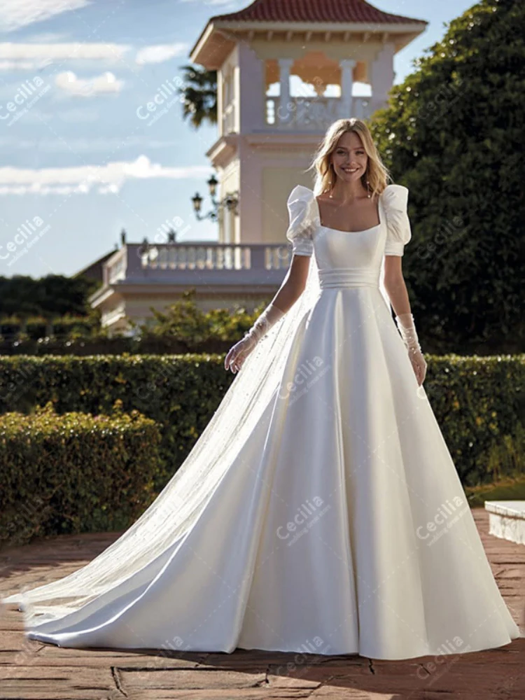 Glamorous-Vestidos De Novia De satén con cuello cuadrado y espalda descubierta, traje De Novia con mangas cortas abullonadas, corte en A