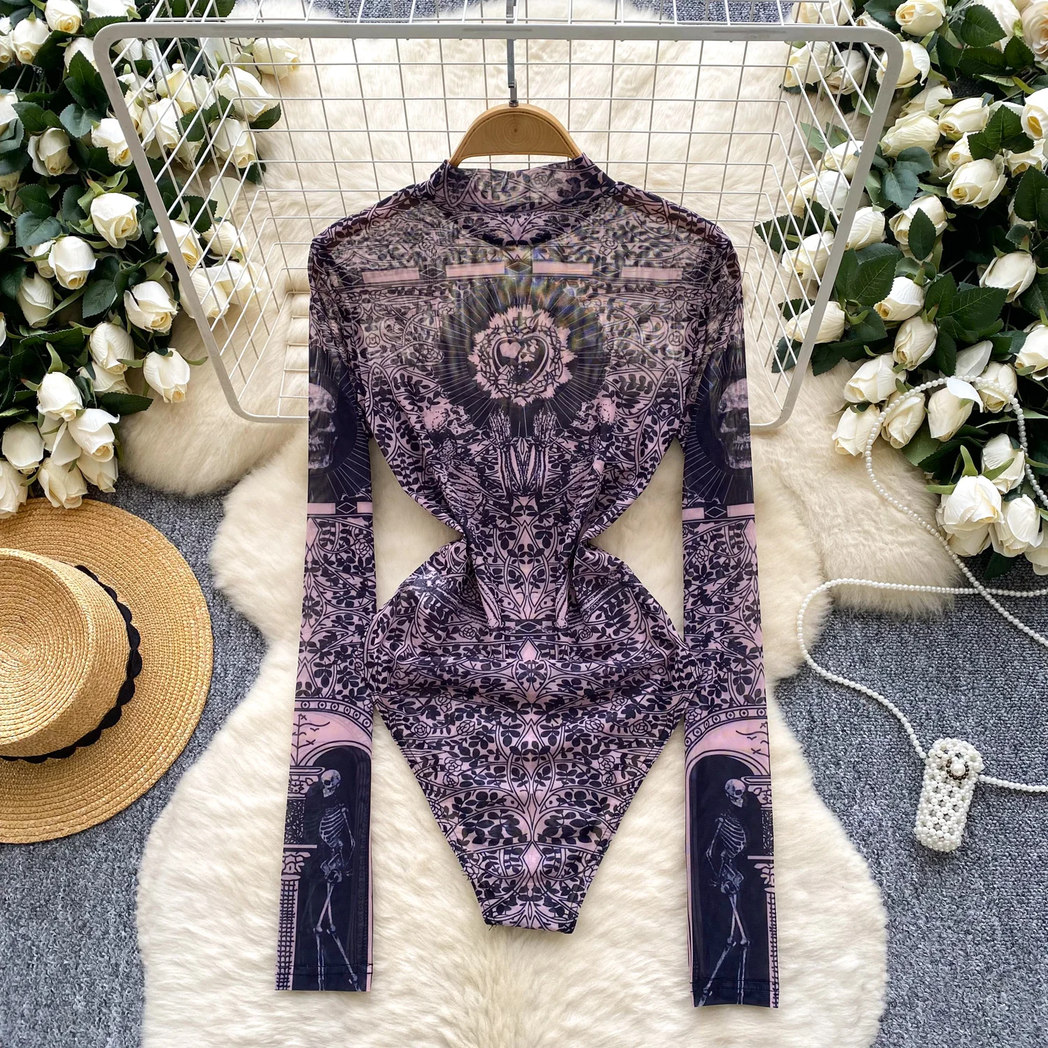 여성 Hotsweet 시스루 프린트 바디 슈트 점프 슈트 슬림 탑 Rompers 여름 해변 섹시한 의류