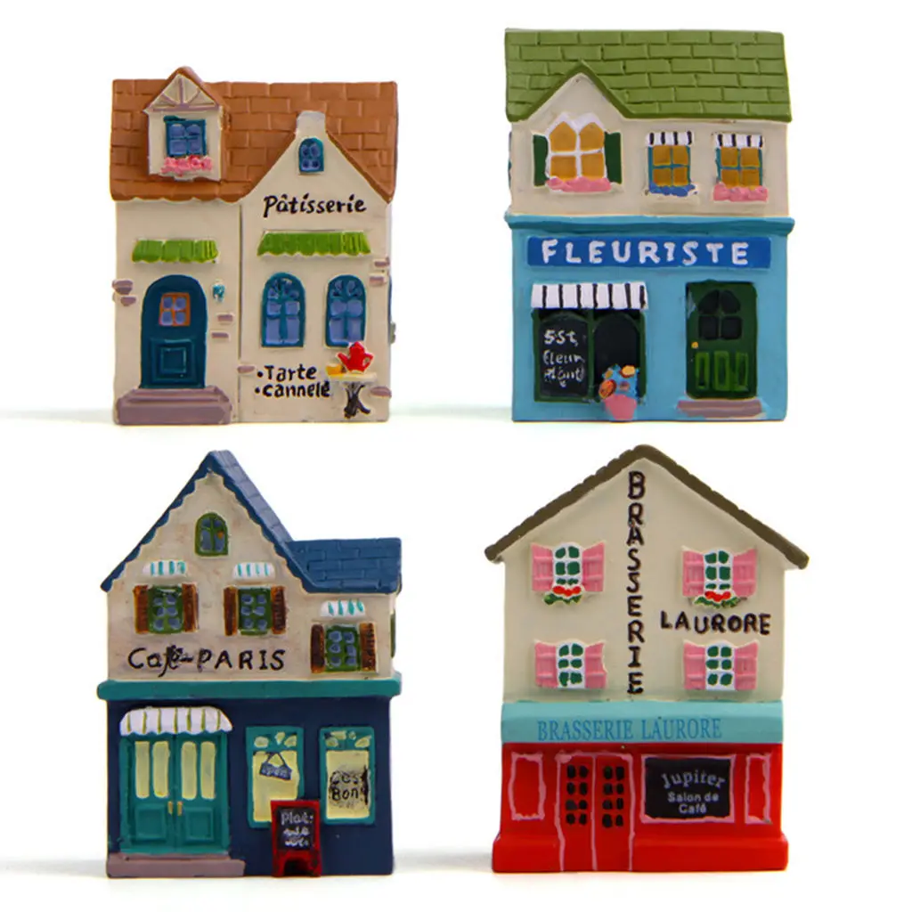 Miniature European Village House Figurines Set, French Style Cafe & Bakery Decor, Resin Fairy Garden Ornaments for Desktop