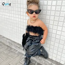 Qunq S2023 Summer INS Girls New Plush Camisole Sling Top + Pu Leather Pants And Belt 3 Pieces Set Casual Kids Clothes Age 3T-8T