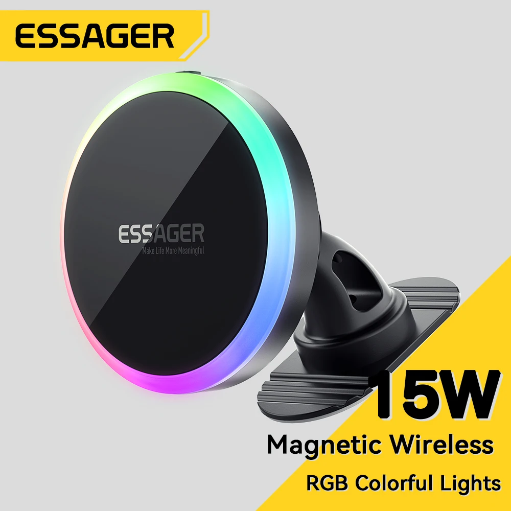 Essager RGB 마그네틱 차량용 휴대폰 거치대 Qi 15W 맥세이프 무선 충전기, 삼성 범용 휴대폰 거치대 스탠드, 아이폰 15 14 13