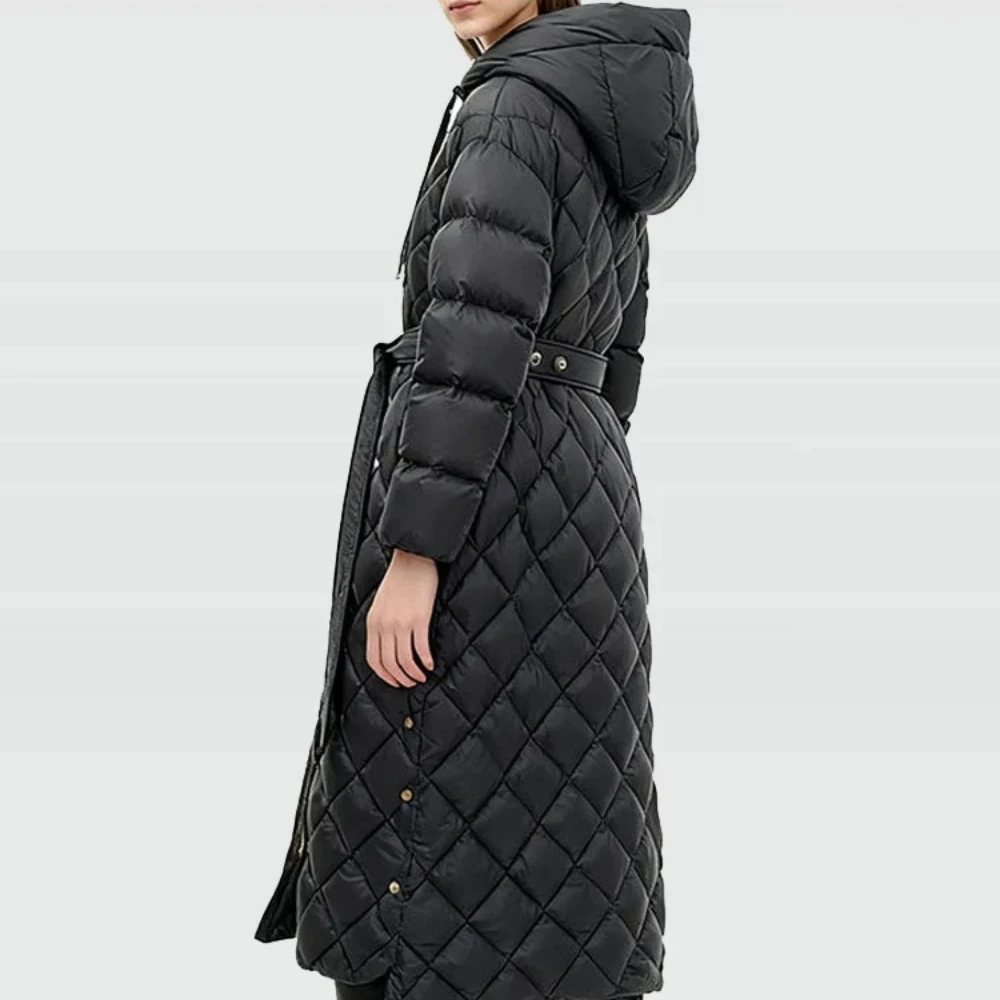 Winter Oversized Argyle Warmth Puffer Down Coat Women Hood Belted Soft Over The Knee 90% White Duck Down Jacket Zipper Closure