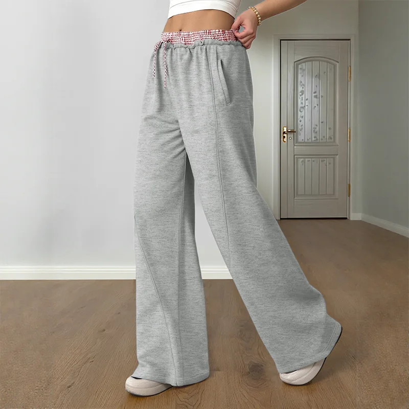 Women Casual Pants Patchwork Straight Trousers Full Lenth Mid Drawstring Waist Thin Loose Fit Elegant Office Lady 2025 Spring