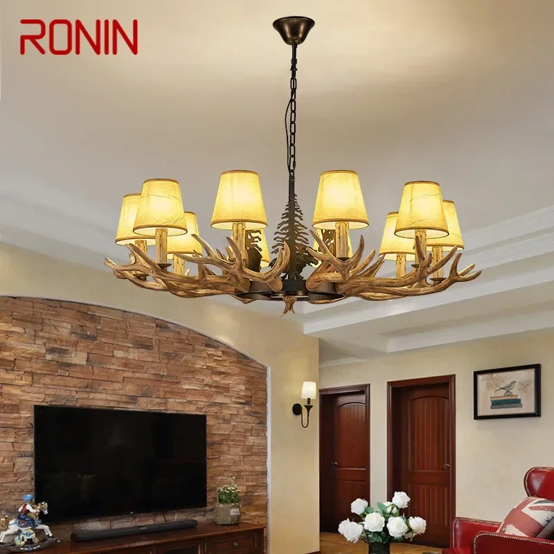 

RONIN American Deer Antler Chandelier Retro Creative Living Room Restaurant Bedroom Study Cafe Bar Clothing Store Pendant Light