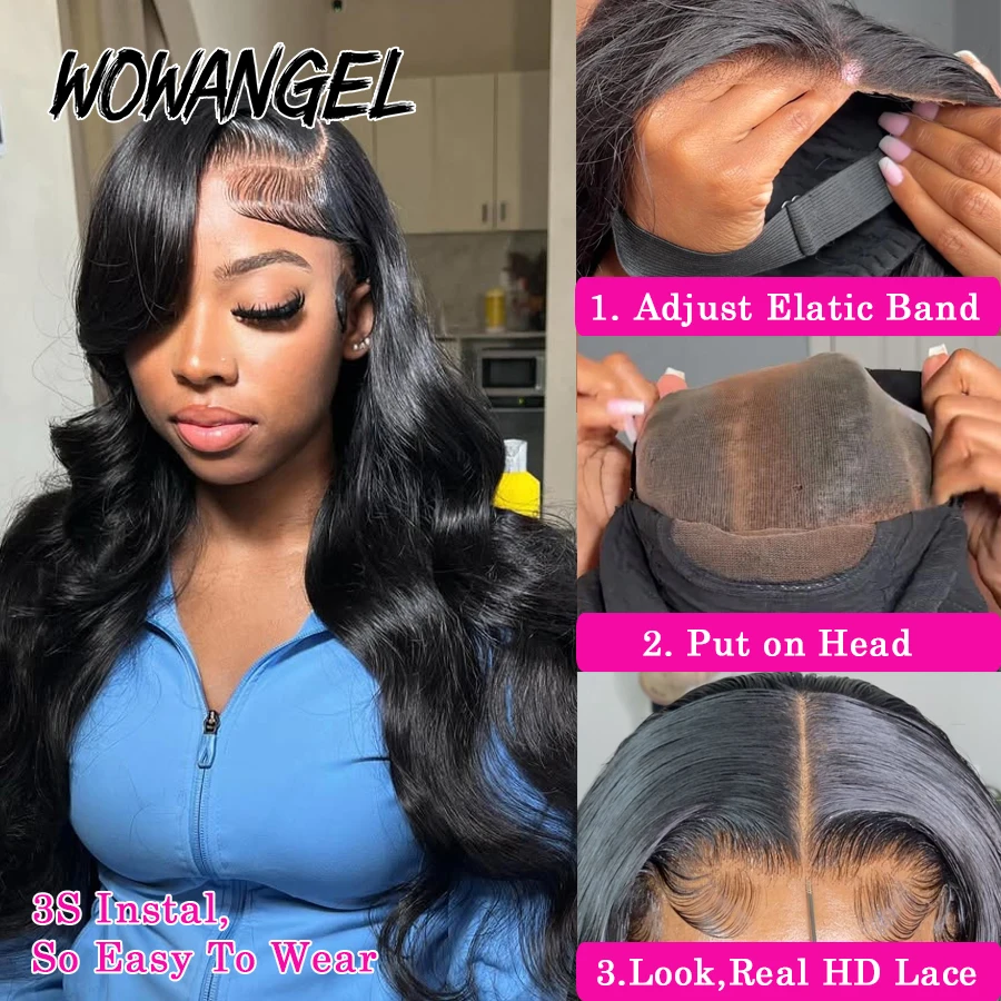 WOWANGEL 34in Pre Cut 9x6 HD Lace Closure Wigs 250% Body Wave Wear To Go Glueless Wigs Human Hair Pre Plucked Brazilian Hair