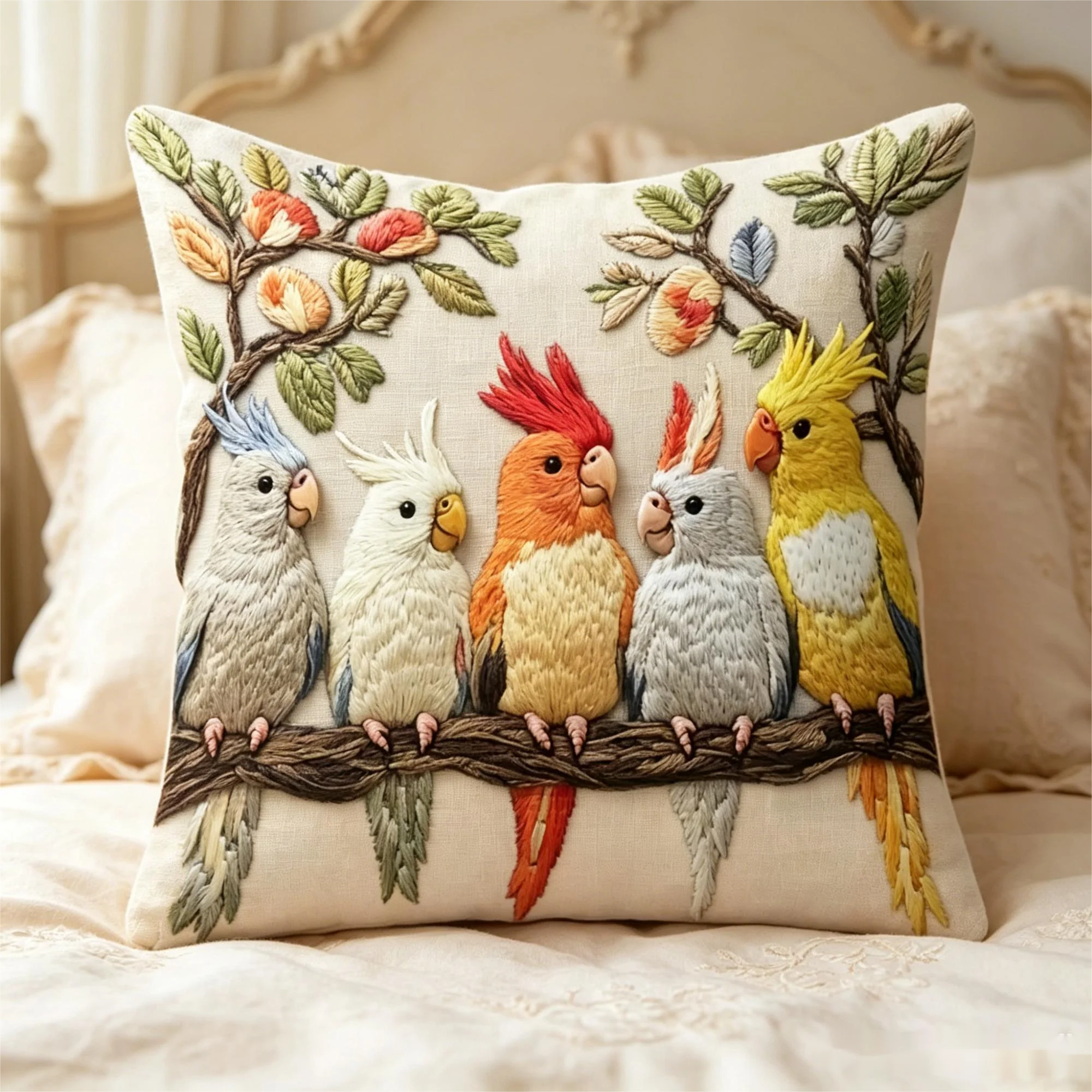 Colorful Cockatiel Parrot Pillow Cover Faux Embroidery 2D Bird Print Boho Botanical Cushion Case for Sofa Bed Couch Home Decor