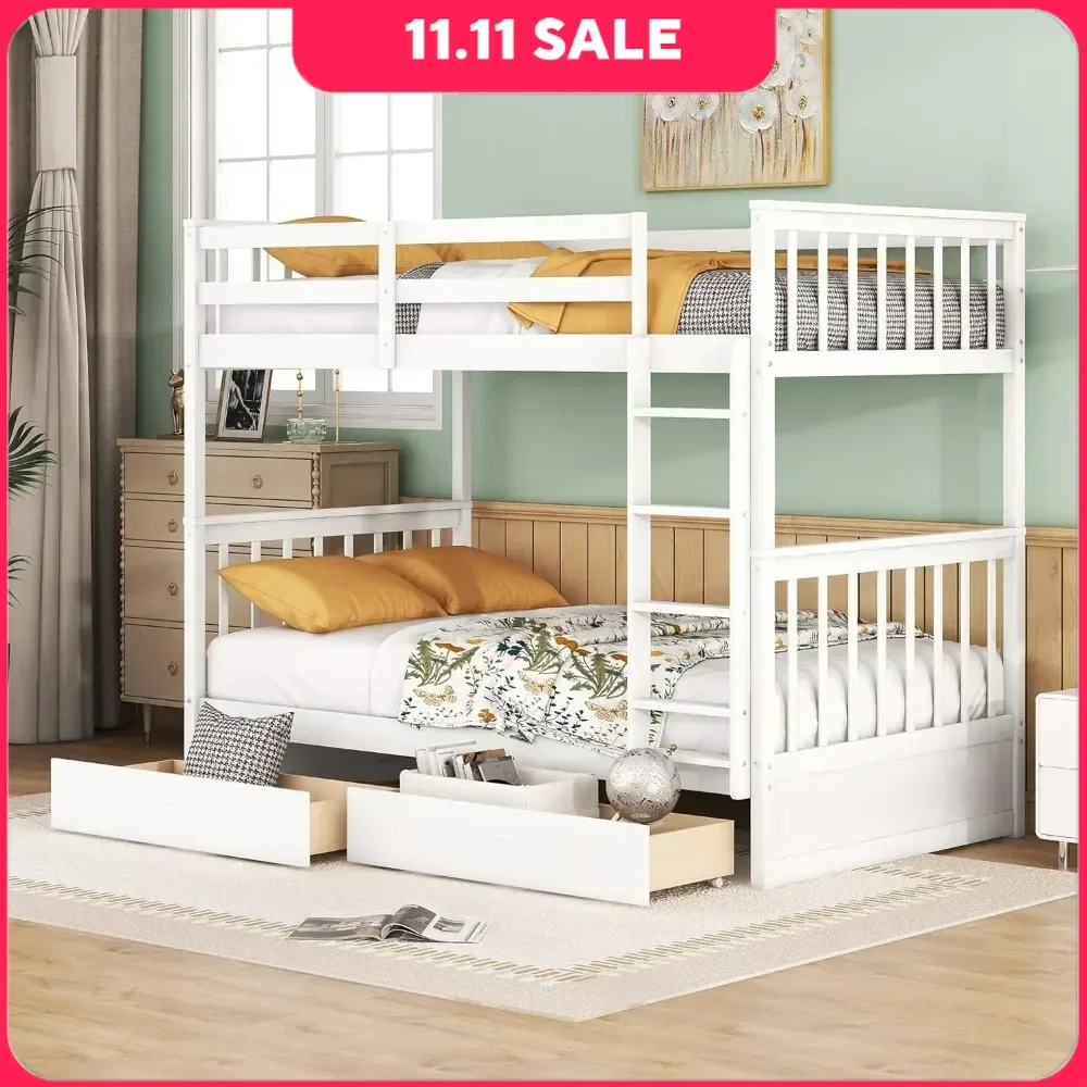 Wood Bunk Bed with Drawers,Convertible Wood Bunk Bed with Ladders and Two Storage Drawers,Solid Woods Detachable Bunk Bed Frame