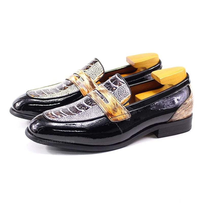 Lacquer Leather Crocodile Pattern Combination Loafers Shoes Novel Handmade Shoes Premium Men's Shoes