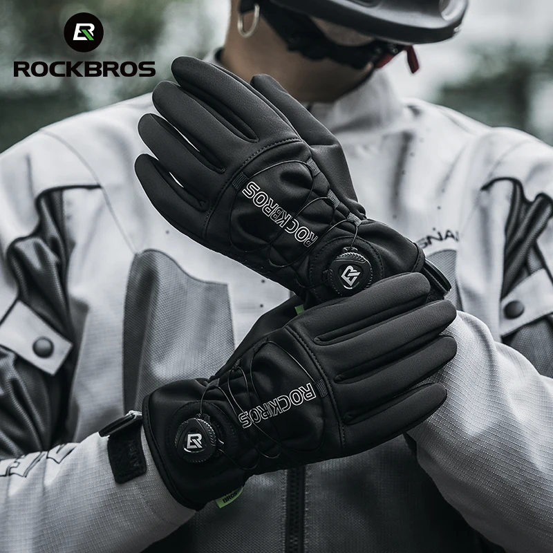 ROCKBROS Winter Cycling Gloves Warm Fleece Windproof Full Finger Gloves Touch Screen Anti-slip Adjustable Buckle Men Bike Gloves 