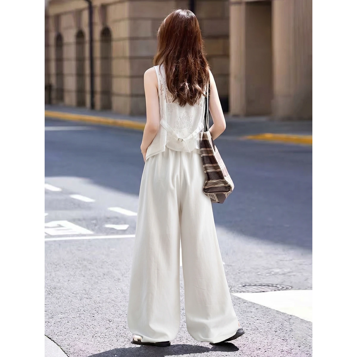 VIMLY White Old Money Two-piece Set Women Summer 2026 New Commuter Sleeveless Vest Wide-leg Baggy Pants Matching Outfit 31189