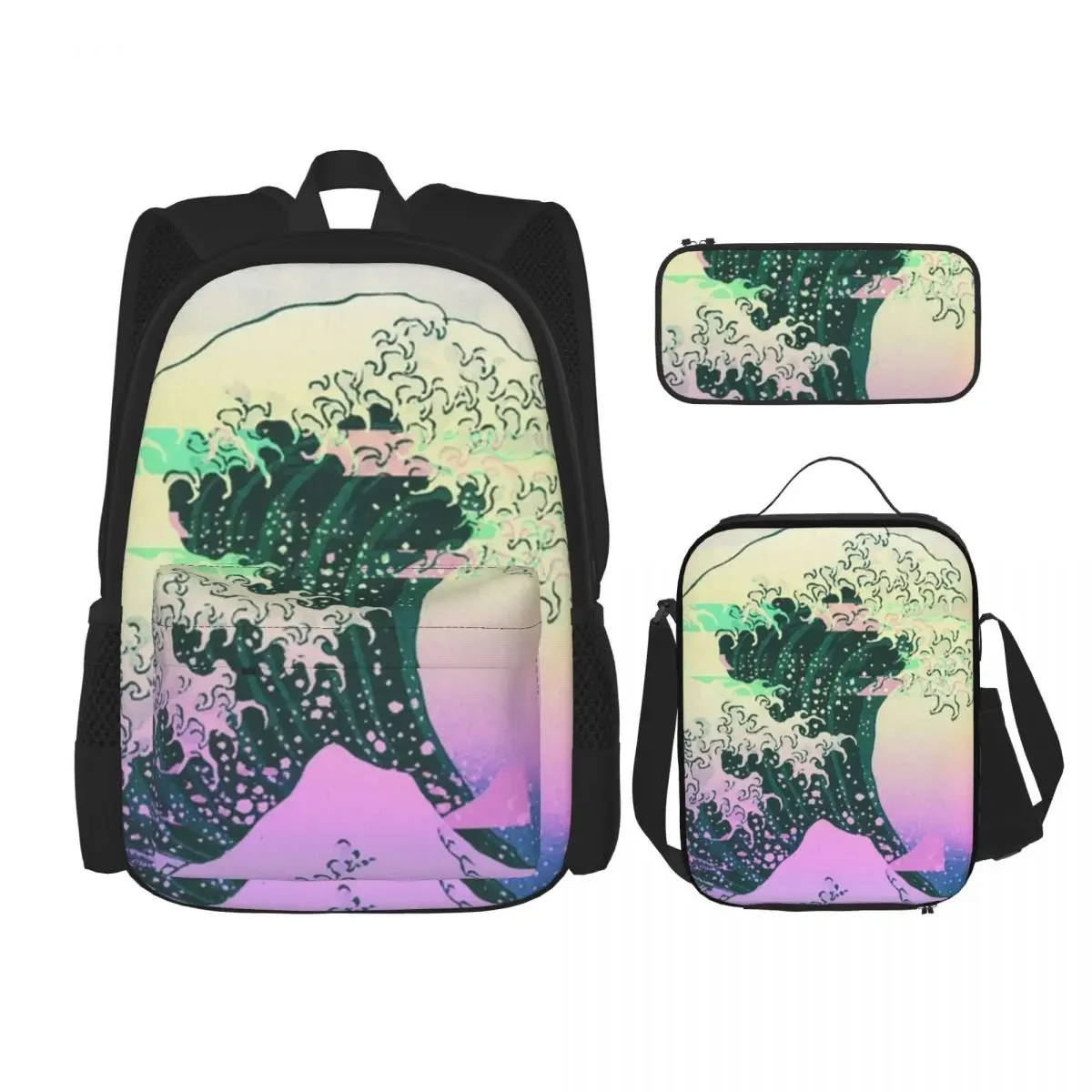 

Great Wave Off Kanagawa Backpacks Boys Girls Bookbag Students School Bags Cartoon Kid Rucksack Lunch Bag Pen Bag Three-Piece Set