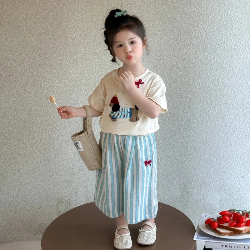 2026 Fashion Girls Baby Summer Clothing Sets Cute DogTops Shirts+stiped Pants,Kids Children Birthday Casual Clothes Conjuntos 2