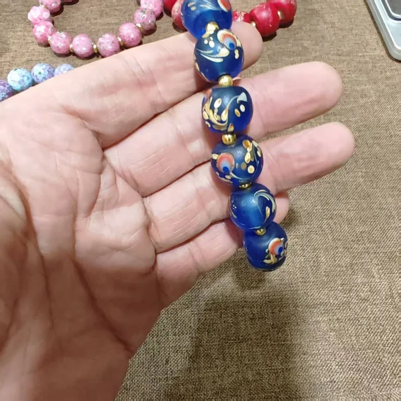 Unisex Ethnic Boho Elastic Bracelet Vintage‑Blue Handpainted Floral Lampwork Glass Beads Gold‑Tone Spacers Wrist Jewelry