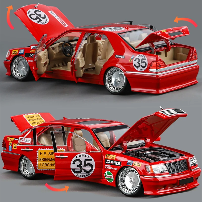 1:24 W140 S320 SEL Red Pig Alloy Modified Wide Body Sports Car Model Diecast Metal Raing Car Model Sound and Light Kids Toy Gift