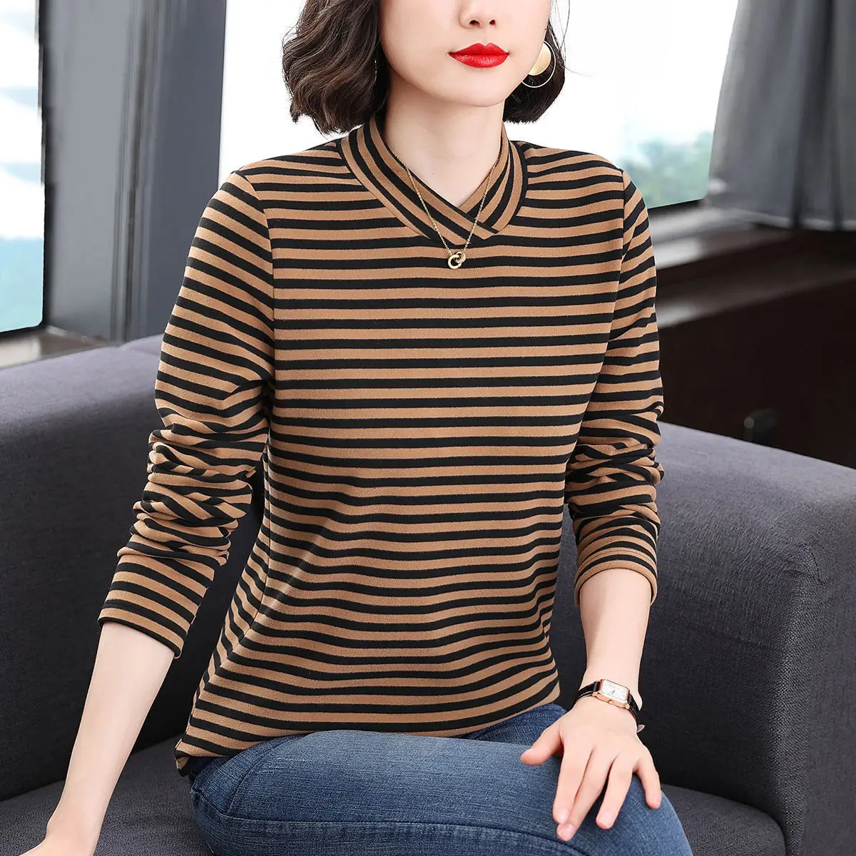 Casual Women's Clothing Striped Undercoat Ladies Simplicity Autumn Winter Long Sleeve Pullovers Interior Lapping T-Shirts XQ52
