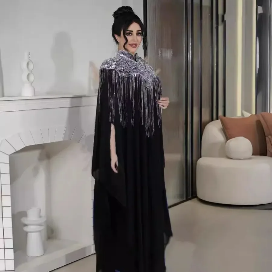 Sequin Abayas for Women Dubai 2024 Fashion Muslim Tassel Black Plus Size Long Maxi Dress Inner Clothes for Muslim Women Gowns