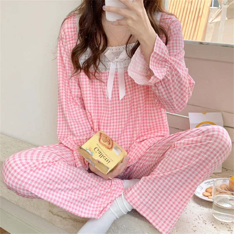 Spring Autumn Princess Style Print Sleepwear Set Long Sleeve Top Pants Ruffle Home wear Skin-Friendly Breathable Pajama
