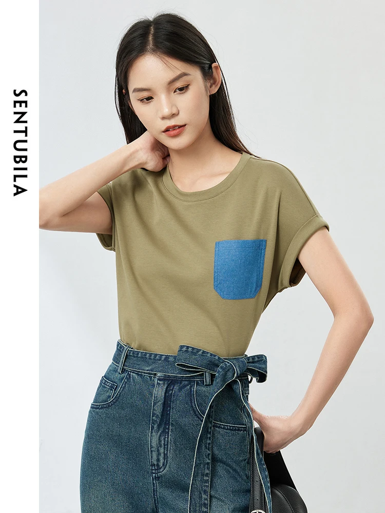 

SENTUBILA Cotton Round Neck T-shirt Women 2024 Summer Tees Contrast Denim Pocket Casual Short Sleeve Top Woman Clothes 142T54668