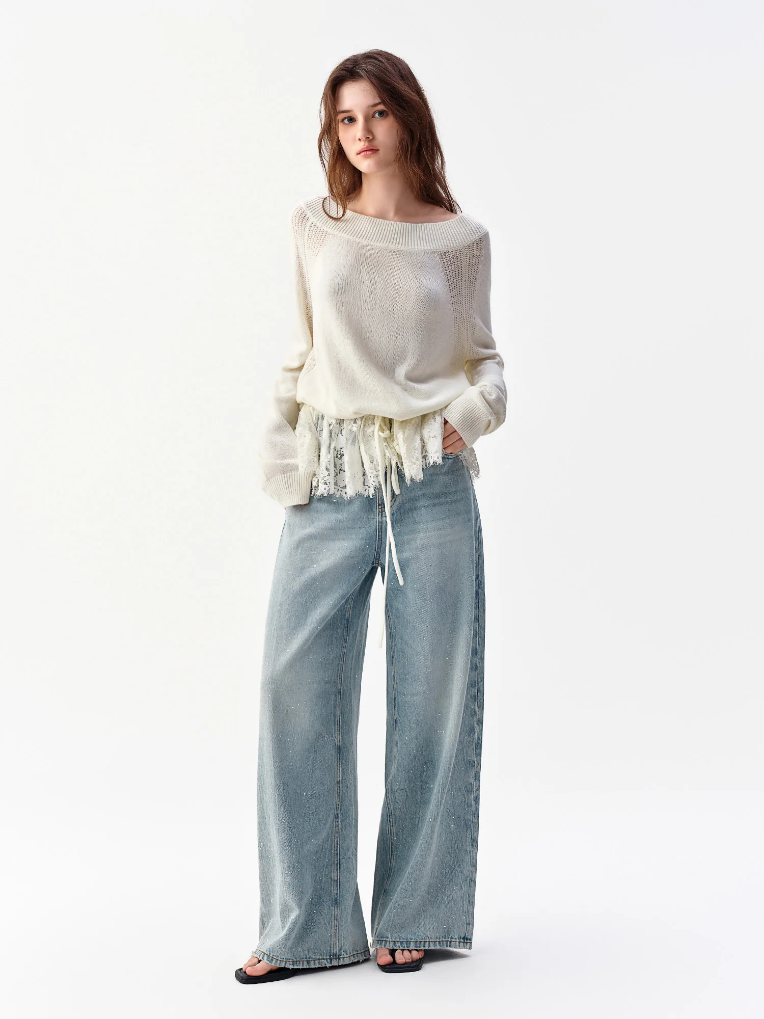 DUSHU 2026 Autumn Women's Lace Trim Knit Top - Convertible Off-Shoulder & One-Shoulder Two-Way Wear - Chic Elegant Style