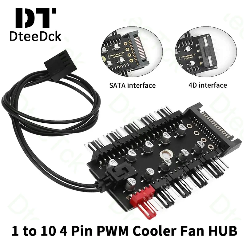 4Pin ตัวควบคุมฮับพัดลม PWM 1to10 12V Molex SATA PWM อะแดปเตอร์ตัวแยกซ็อกเก็ตเปลี่ยนหัวตัวควบคุมความเร็วพีซี