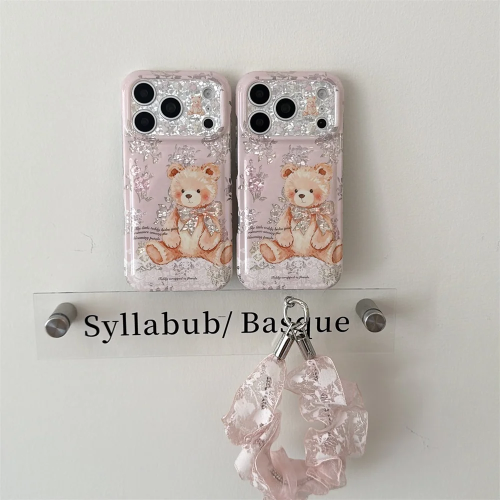 Korea Ins Watercolor Bear Glitter Phone Case With Pink Lace Scrunchie Strap For iPhone 18 17 16 15 Pro Max Shockproof Cover