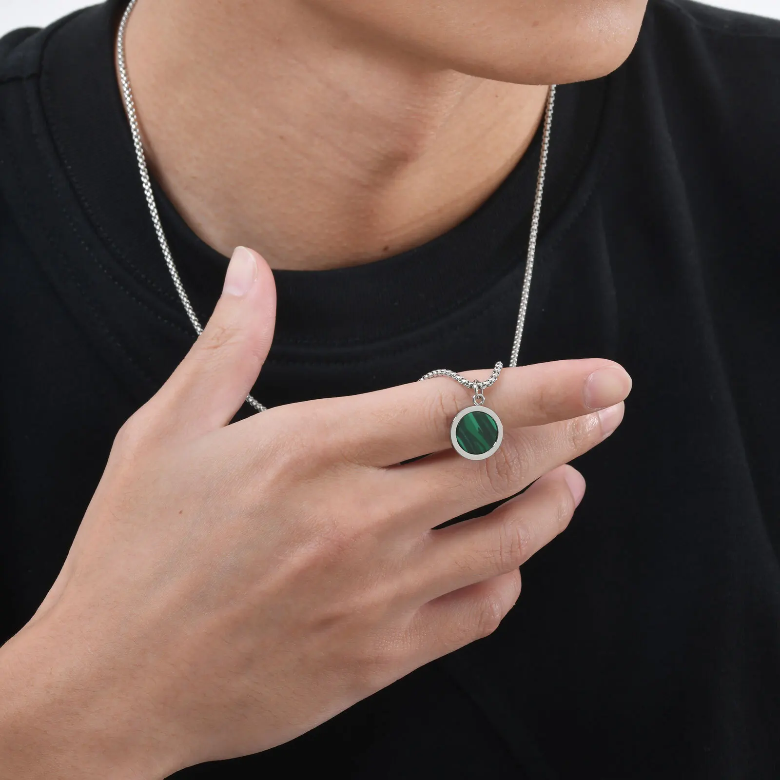 Watermelon Color Pendant Necklace for Men Boys,Green Square Round Stainless Steel Necklace,Stylish Jewelry Gifts to Husband Dad - Image 3