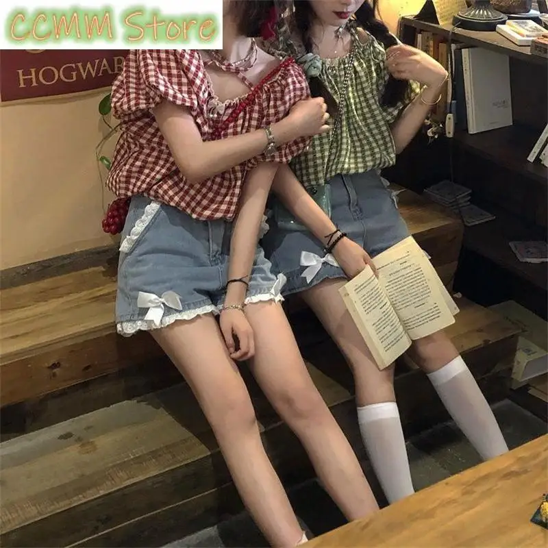 Summer Women's Cute Bow Tie Lace Denim Shorts Sweet Girl Street High Waist Trousers Female Fashion Wide Leg Straight Mini Pants