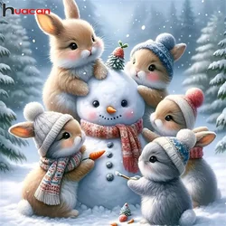Huacan Diy Diamond Painting Snowman 5D Diamond Mosaic Animal Rabbit Winter Scenery Chriatmas Gift Home Decoration