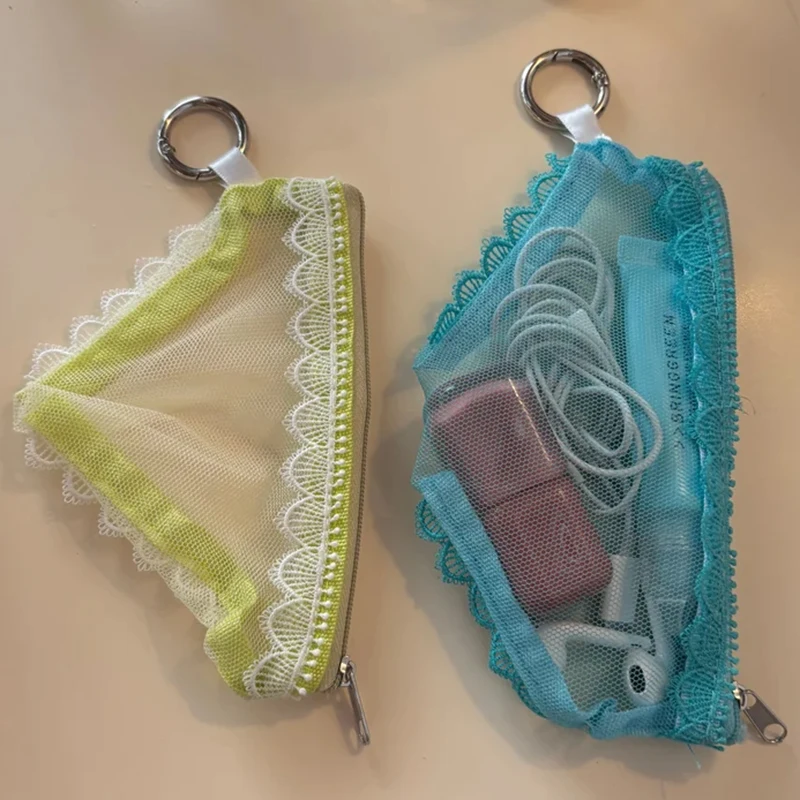 INS Mesh Briefs Shape Cosmetic Bag Clear Lace Trim Makeup Storage Pouch Decorative with Zipper Jewelry Organizer Headphones