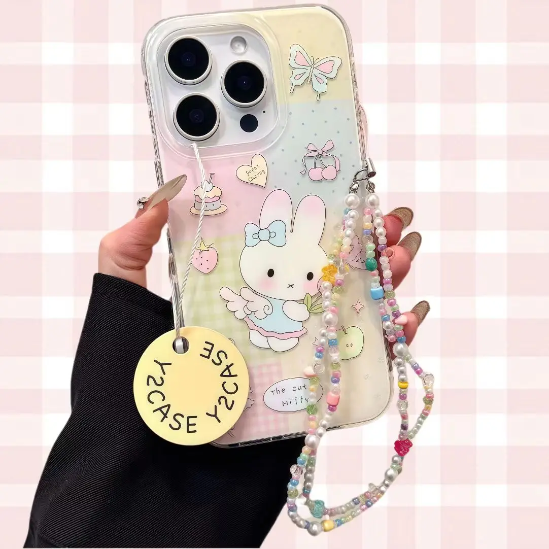 

Чехол для телефона и цепочка Miffy подходит для iPhone 11-16 Promax, мультяшный цветной мягкий чехол с защитой от падения и царапин