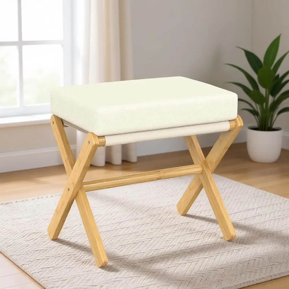 

Бамбуковый пуф-табурет с толстой подушкой, идеально подходит для гостиной, спальни или в качестве кресла для туалетного столика (натуральный бежевый)