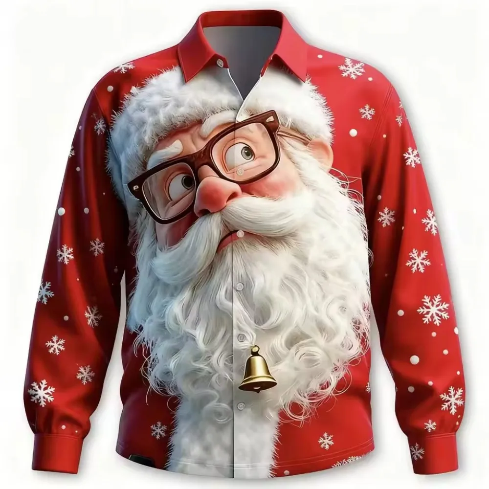 Autumn Men's Christmas Long Sleeved Shirt Christmas Shirt With Fun Santa Claus Pattern Family Party Button Up Shirt Men clothing