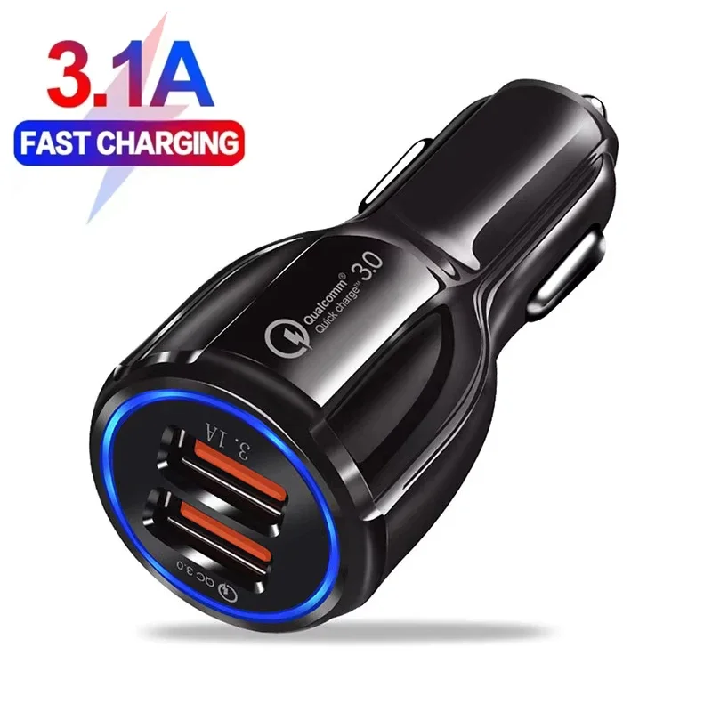 

Высококачественное автомобильное зарядное устройство с двумя USB-портами 3.1A, 2 порта, 12-24В, разъем для прикуривателя, адаптер быстрой зарядки QC3.0 для телефонов iPhone, Samsung