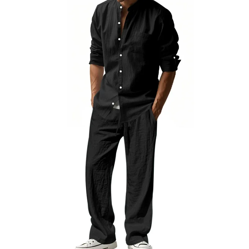 

Linen Men's Casual Loose Breathable Long Sleeve Long Pants Shirt Beach Suit
