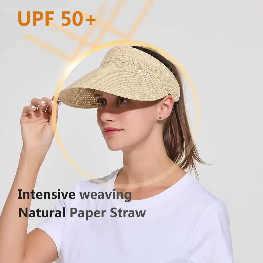 Women Sun Protect Empty Top Straw Hat Summer Adjustable Solid Color Foldable Wide Brim Cap UV Beach Bucket Female Chapeau