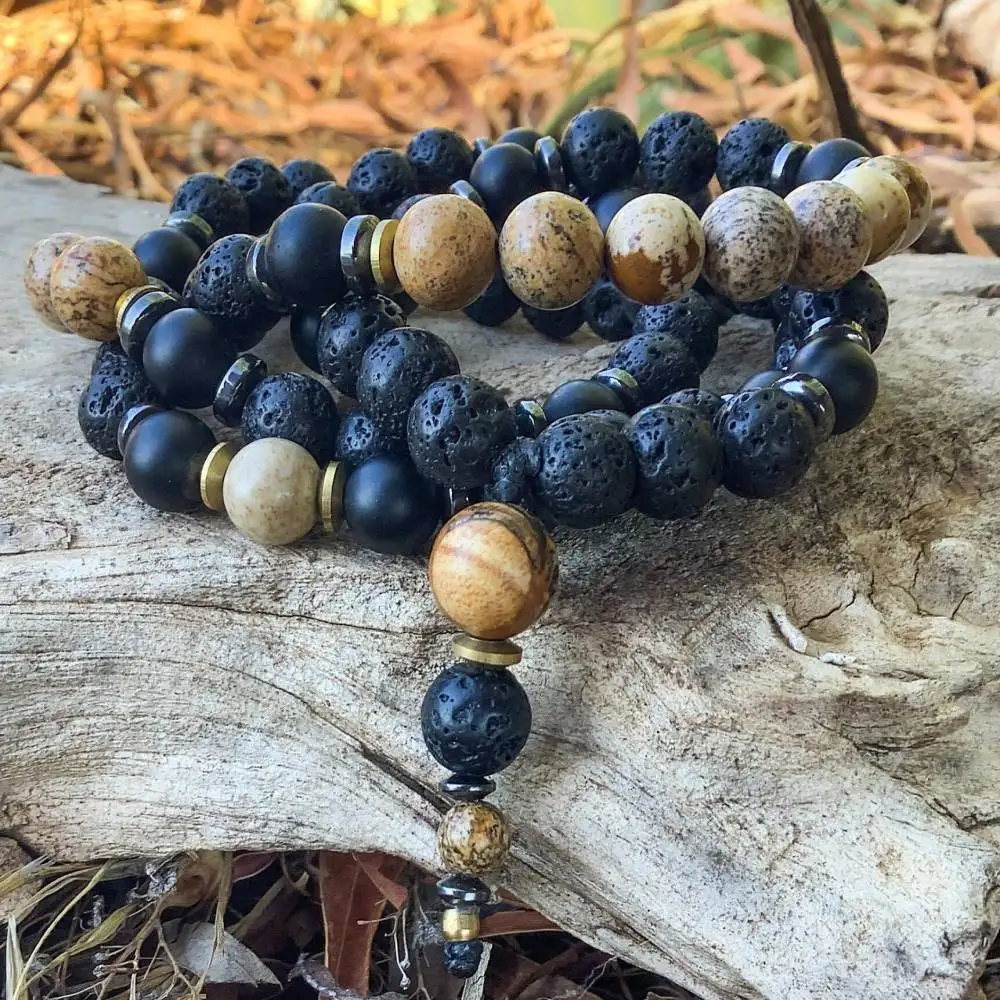 

Natural Lava Rock, Matte Black Onyx & Picture Jasper 108 Mala Beads Necklace Grounding & Protection Healing Crystal Jewelry