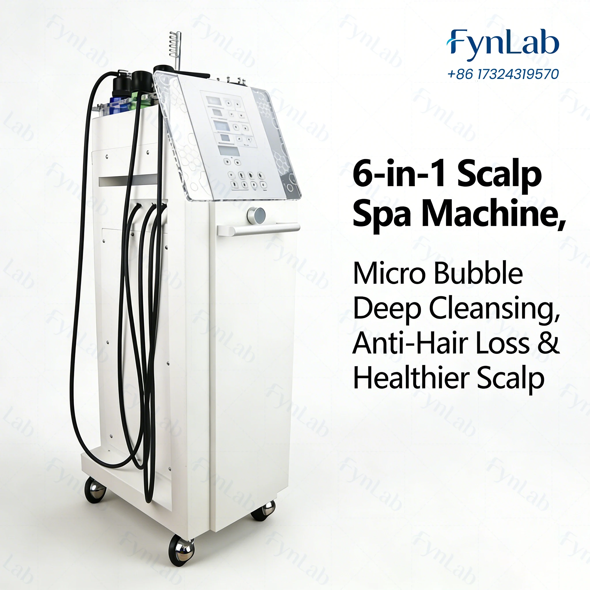 

6-in-1 Professional Scalp Care Machine with Micro Bubble, Y-Ion, HF Comb, Heat Massage – Anti-Hair Loss & Hair Growth Treatment