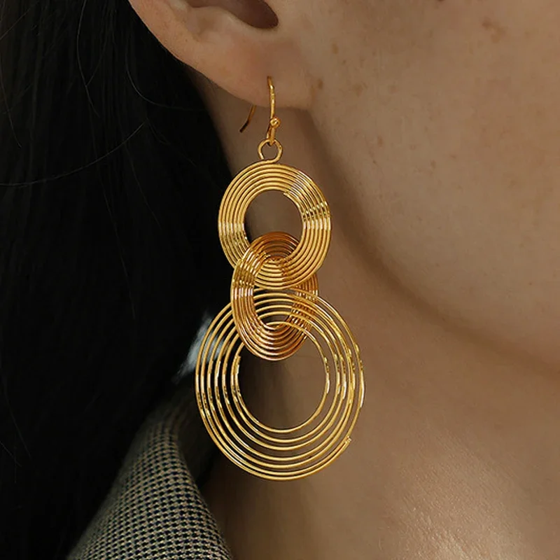 Statement Round Drop Earrings for Women Party Metal Wire Wrapping Circle Dangle Earrings Vintage Long Geometry Jewelry
