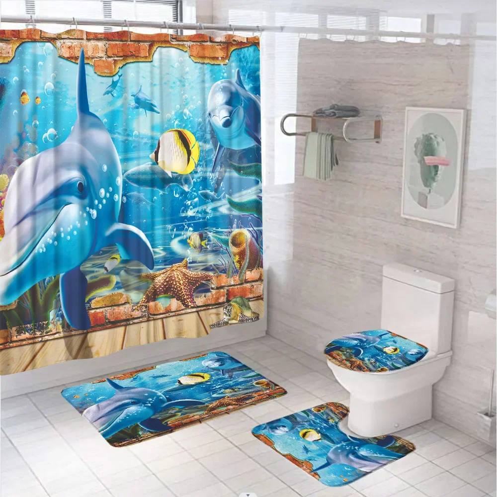 3D Dolphin Turtle Starfish Shower Curtain Sets Underwater Tropical Fish Ocean Sea Bathroom Curtains Bath Mats Rug Toilet Covers