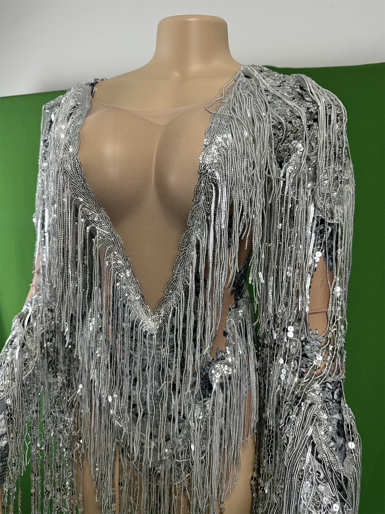 Women Tassel Silver Sparkly Sheer Sequins Bodysuits Singer Dancer Stage Wear Drag Queen Rhinestone Sexy Leotard