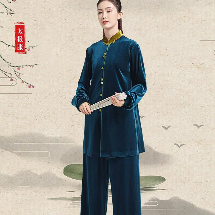 New Korean Velvet Tai Chi Suit, Thick Autumn/Winter Morning Practice Set, Unisex Performance Uniform with Velvet Trim