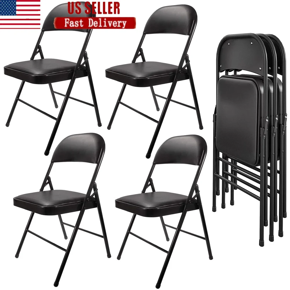 

Sturdy Metal Folding Chairs 4 Pack Padded Seat Waterproof Easy Storage Scratch-Resistant Foot Pads Indoor Outdoor Use