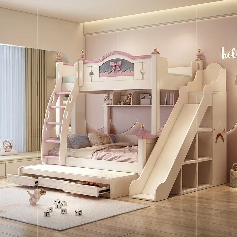 Children's bed up and down, girl princess bed, high and low wooden bed