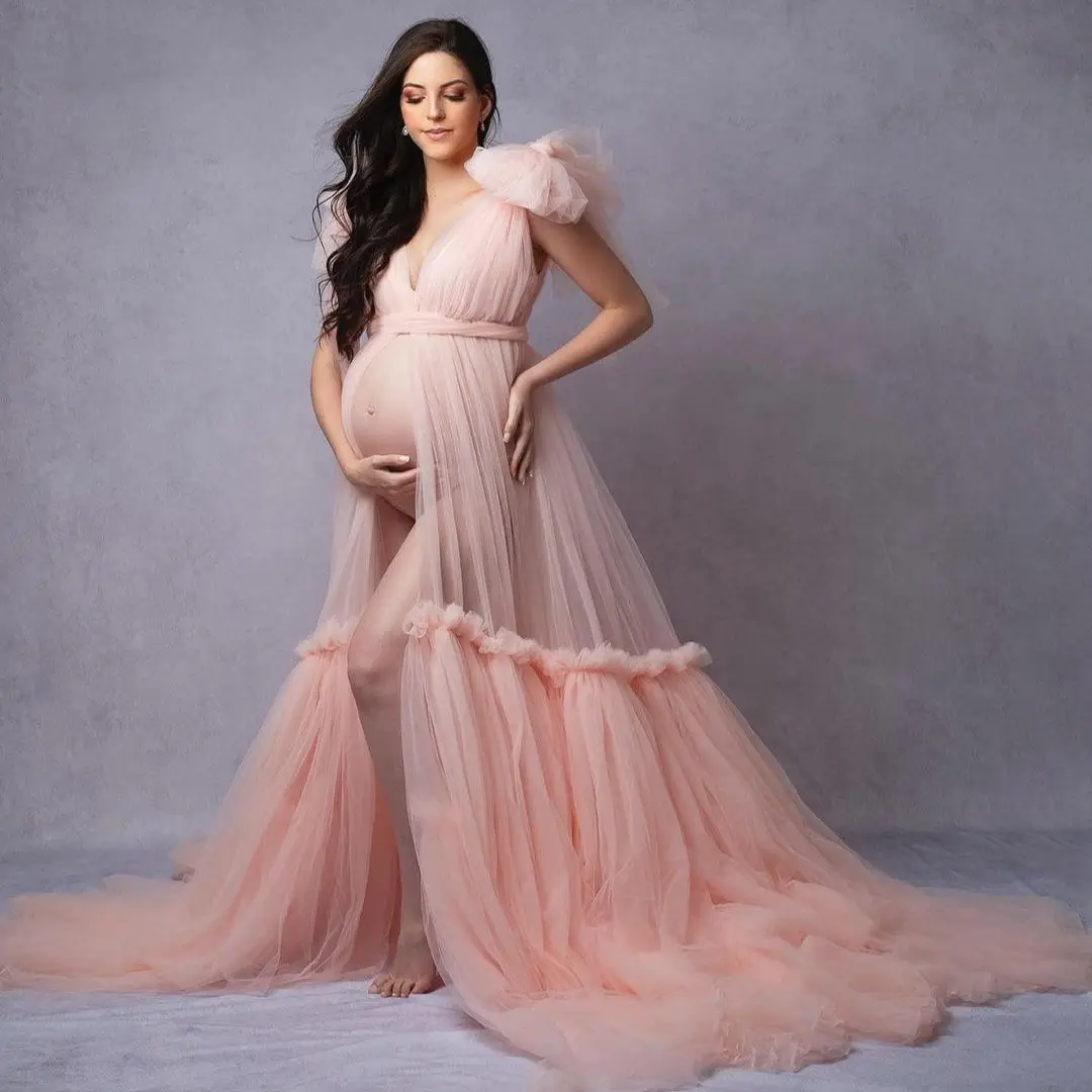 

Light Pink Maternity Dress for Photoshoot Tulle V Neck Prom Dresses Women Front Slit robes de soirée Custom Made Party Dress