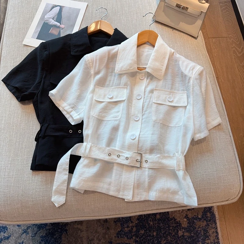 

Summer Short Sleeve Jacket Korean Style Coat Turn-down Collar Fashion With Belt Women's Top Spring Autumn Casual Top